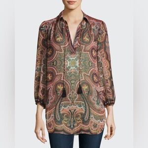 Alice + Olivia‎ Sterling Half-Placket Semi-Sheer Tunic Top Multiprint Multicolor